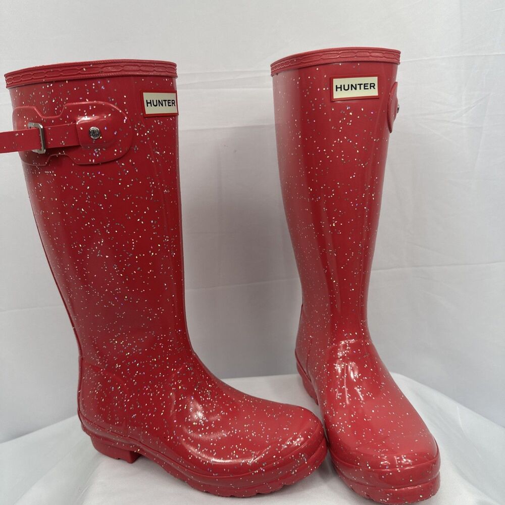 Girls Size 4 Hunter Pink Glitter Rain Waterproof Rubber Mid Cuff  Boots NWOB